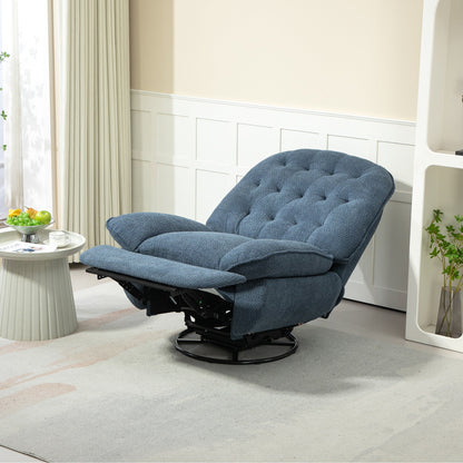 Poltrona reclinabile manuale girevole a 360° con poggiapiedi esteso e schienale imbottito in ciniglia color verde acqua