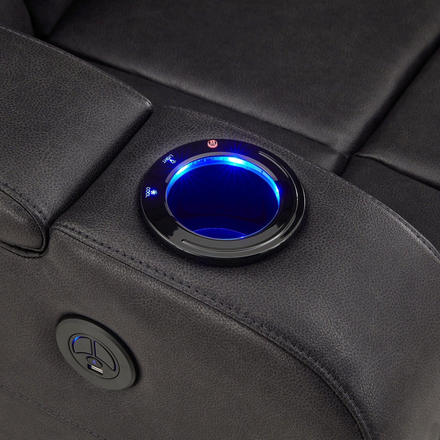 Poltrona reclinabile elettrica a LED in pelle vegana grigia Terlingua con altoparlante, spazio di archiviazione, USB e caricabatterie wireless di iNSPIRE Q Classic