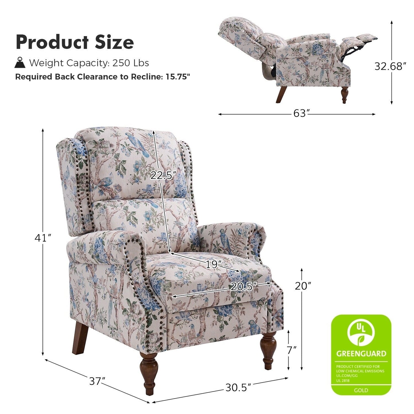 Poltrona reclinabile manuale Terri Classic Cutaway Arms con borchie per soggiorno, set da 2 di HULALA HOME