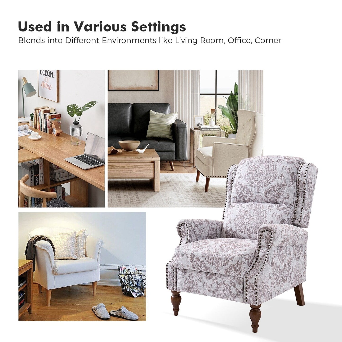 Poltrona reclinabile manuale Terri Classic Cutaway Arms con borchie per soggiorno, set da 2 di HULALA HOME