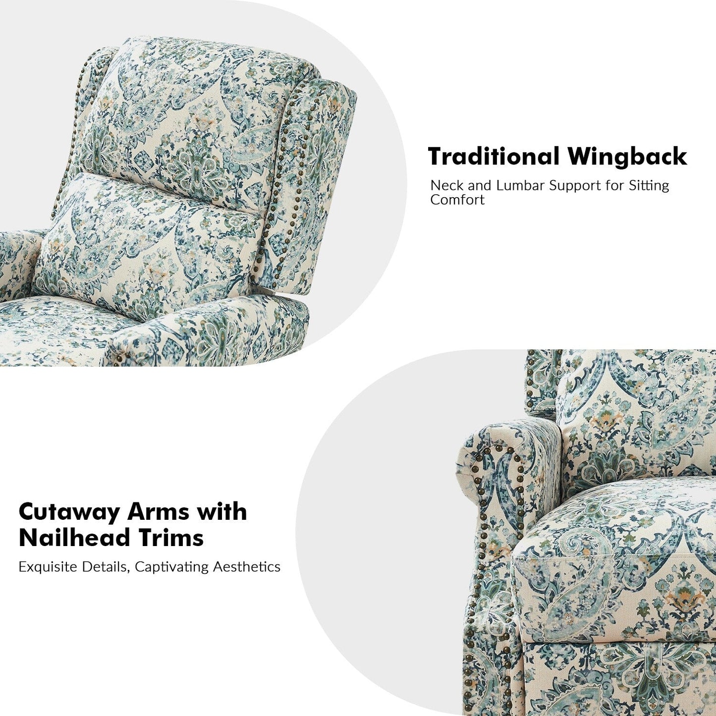 Poltrona reclinabile manuale Terri Classic Cutaway Arms con borchie per soggiorno, set da 2 di HULALA HOME