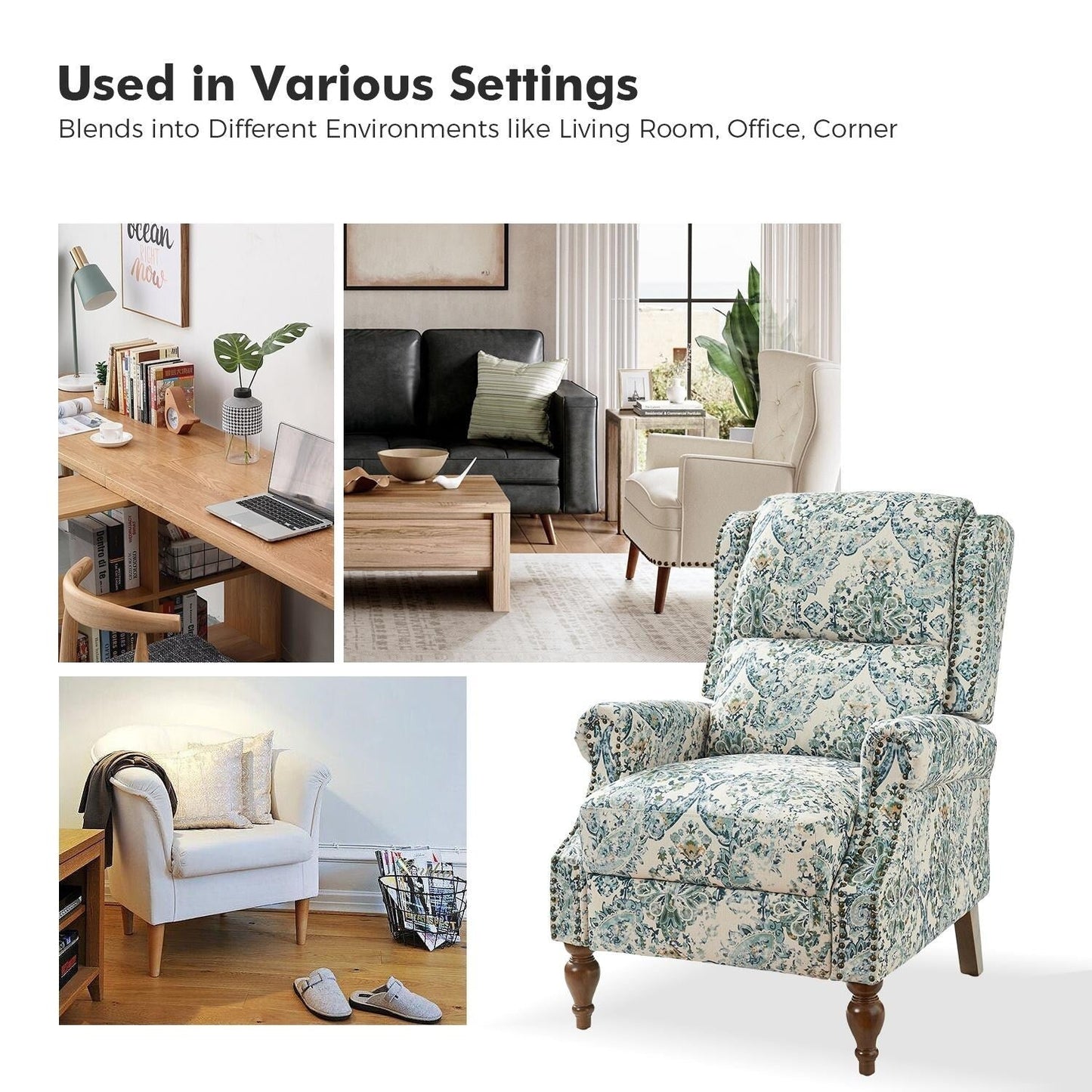 Poltrona reclinabile manuale Terri Classic Cutaway Arms con borchie per soggiorno, set da 2 di HULALA HOME