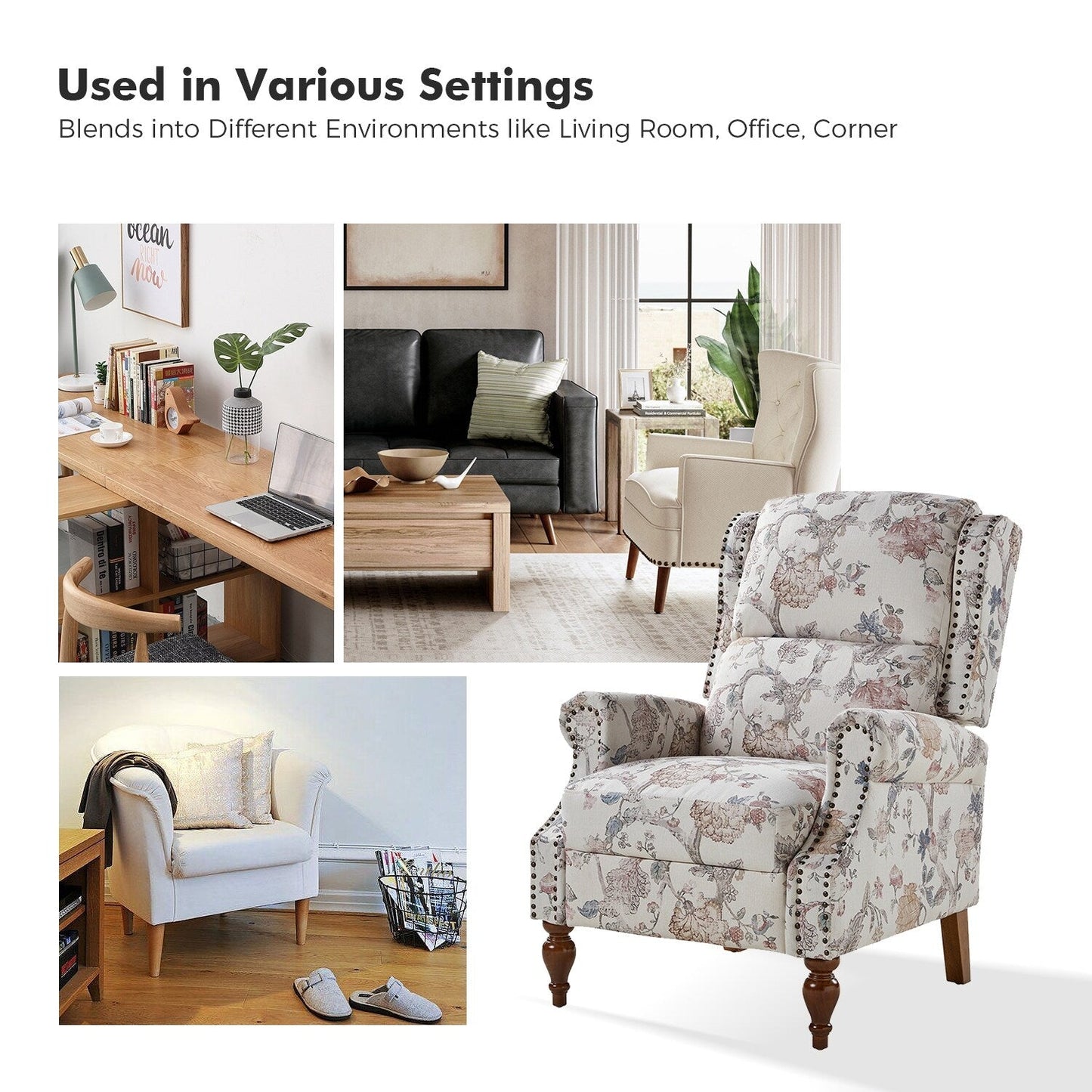 Poltrona reclinabile manuale Terri Classic Cutaway Arms con borchie per soggiorno, set da 2 di HULALA HOME