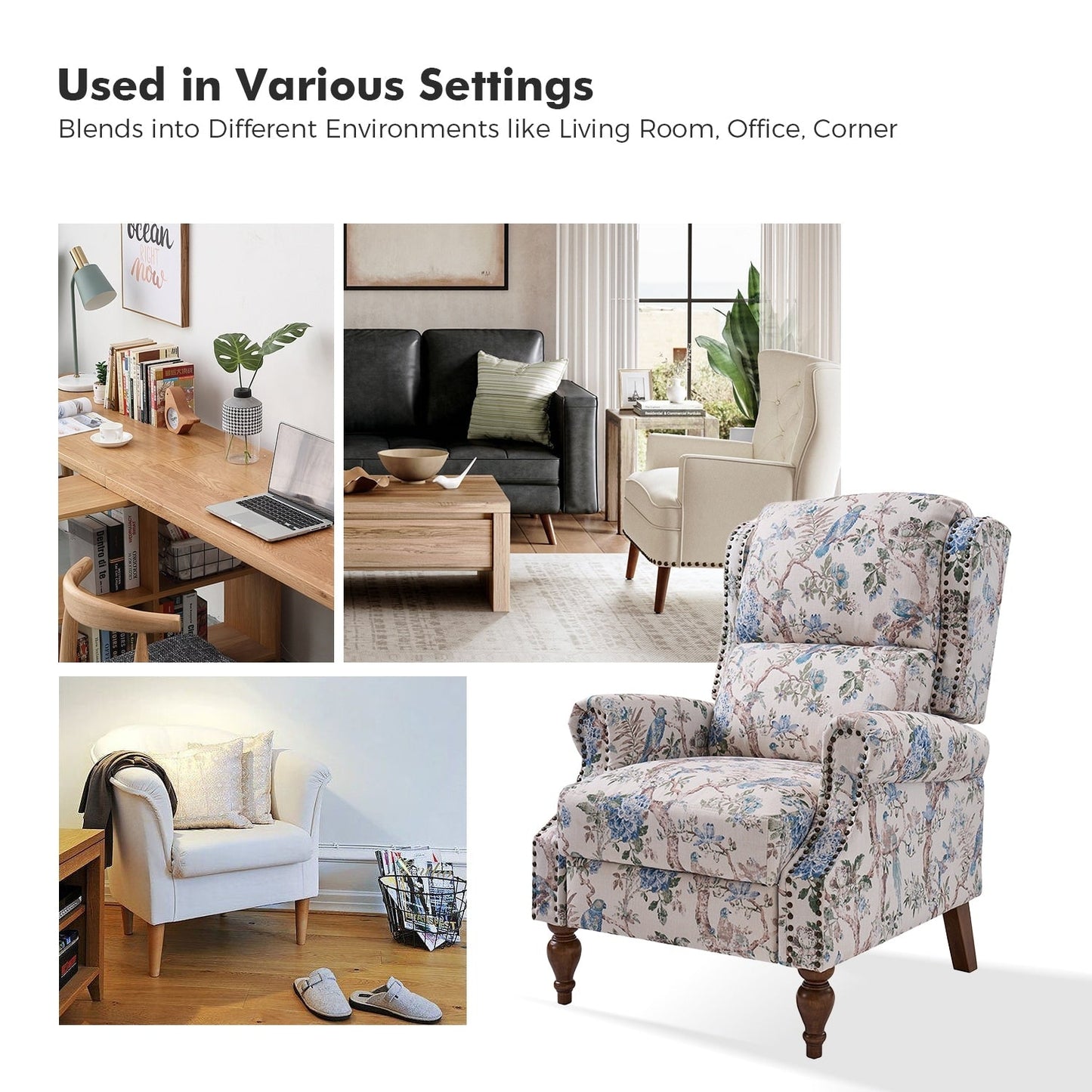 Poltrona reclinabile manuale Terri Classic Cutaway Arms con borchie per soggiorno, set da 2 di HULALA HOME