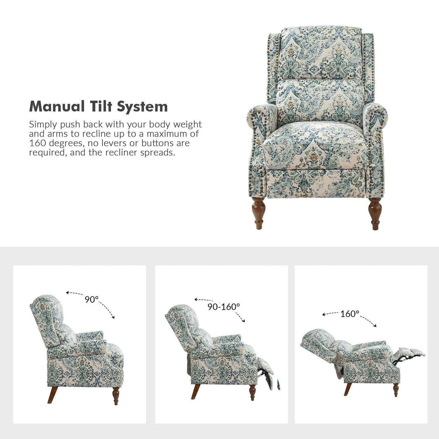 Poltrona reclinabile manuale Terri Classic Cutaway Arms con borchie per soggiorno di HULALA HOME