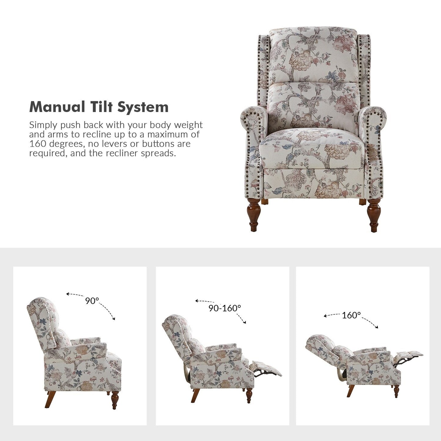 Poltrona reclinabile manuale Terri Classic Cutaway Arms con borchie per soggiorno di HULALA HOME