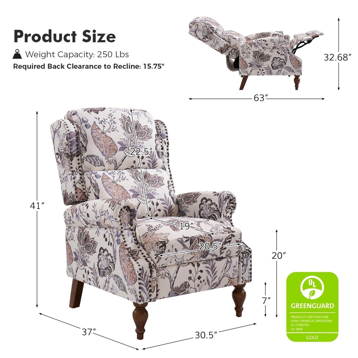 Poltrona reclinabile manuale Terri Classic Cutaway Arms con borchie per soggiorno di HULALA HOME