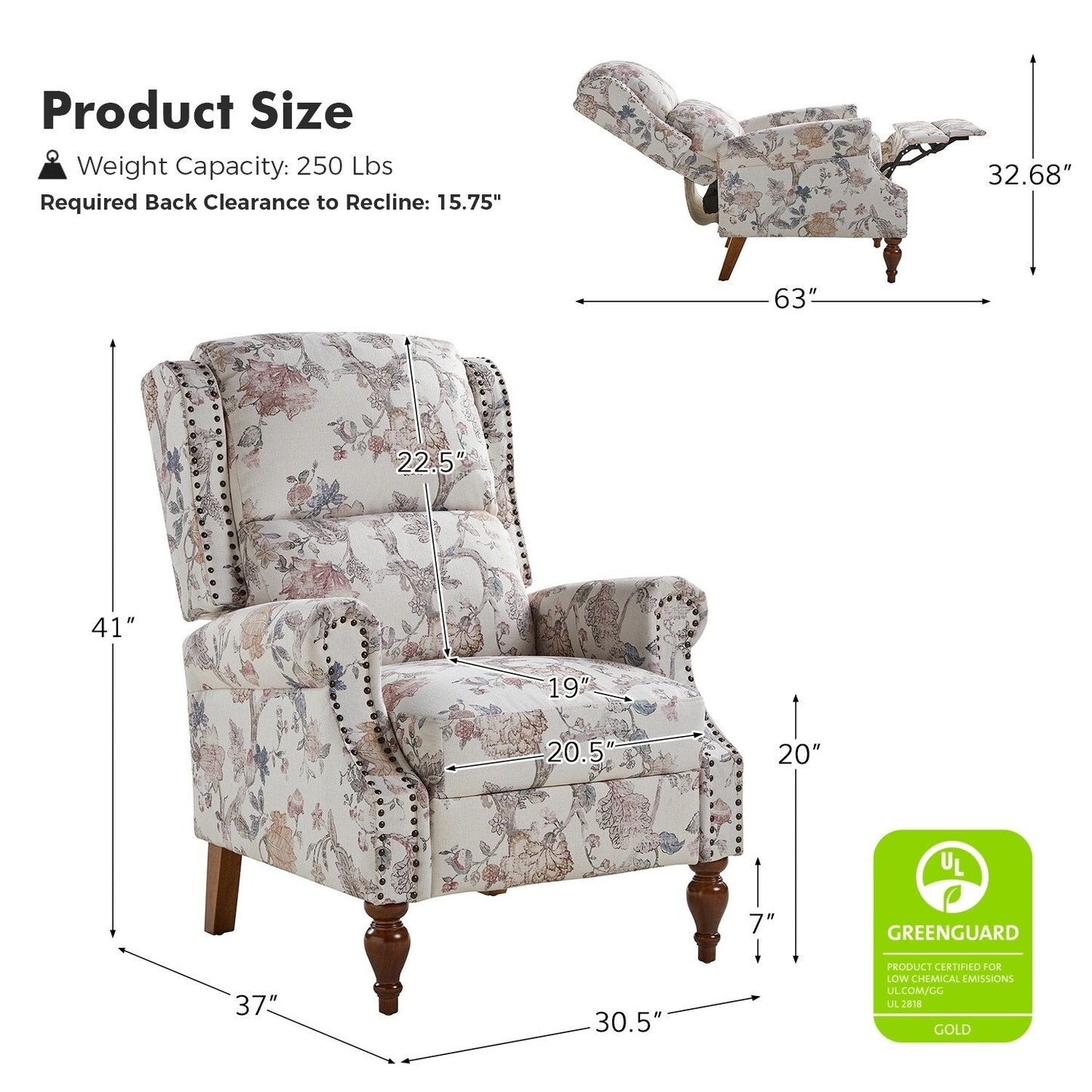 Poltrona reclinabile manuale Terri Classic Cutaway Arms con borchie per soggiorno di HULALA HOME