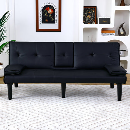 Divano letto multifunzionale in PVC nero da 67 pollici con design pieghevole e portabicchieri