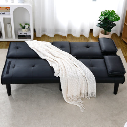 Divano letto multifunzionale in PVC nero da 67 pollici con design pieghevole e portabicchieri