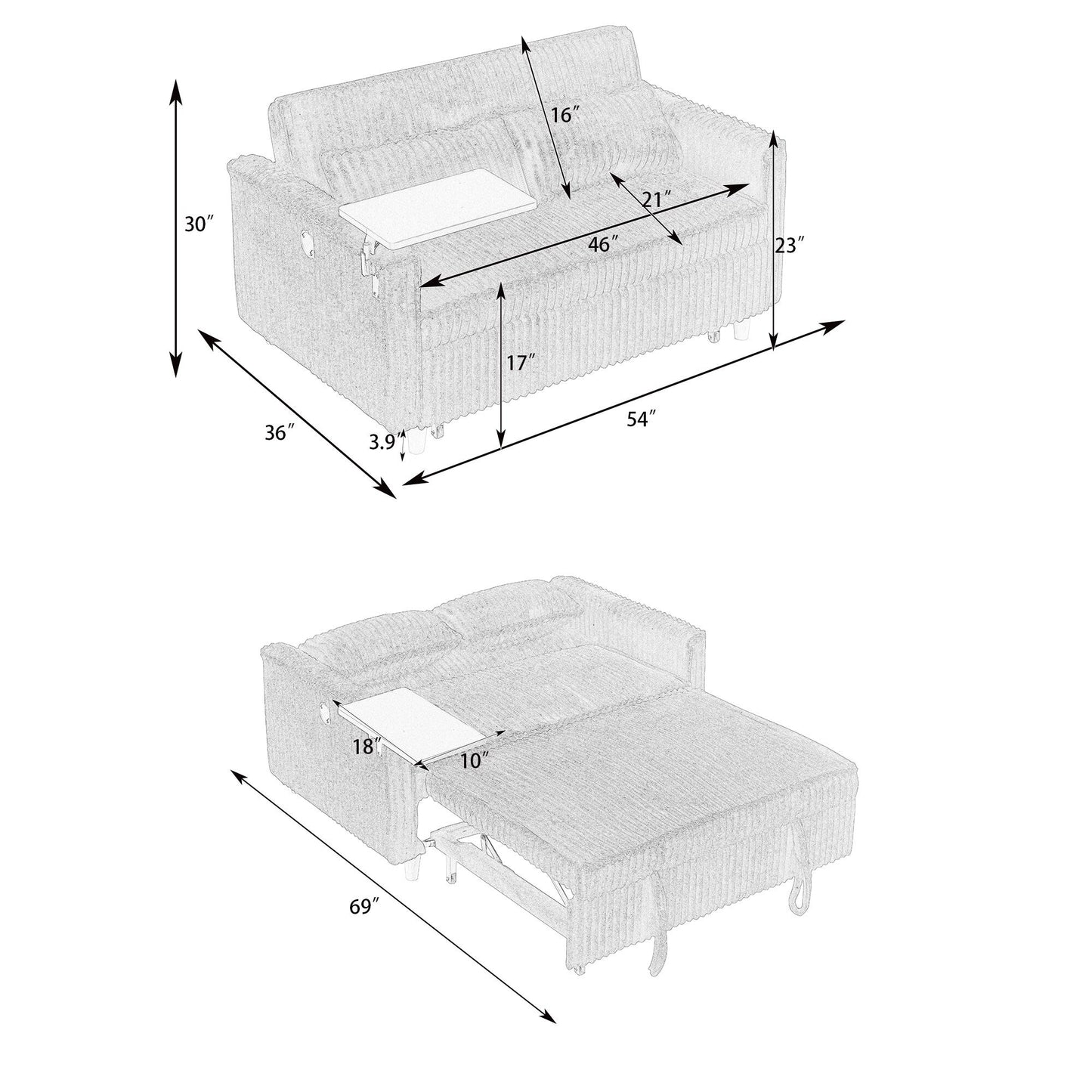 Il divano in velluto a coste estraibile e a scomparsa con doppia funzione, dotato di un piano del tavolo mobile e porte USB, è adatto