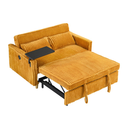 Il divano in velluto a coste estraibile e a scomparsa con doppia funzione, dotato di un piano del tavolo mobile e porte USB, è adatto