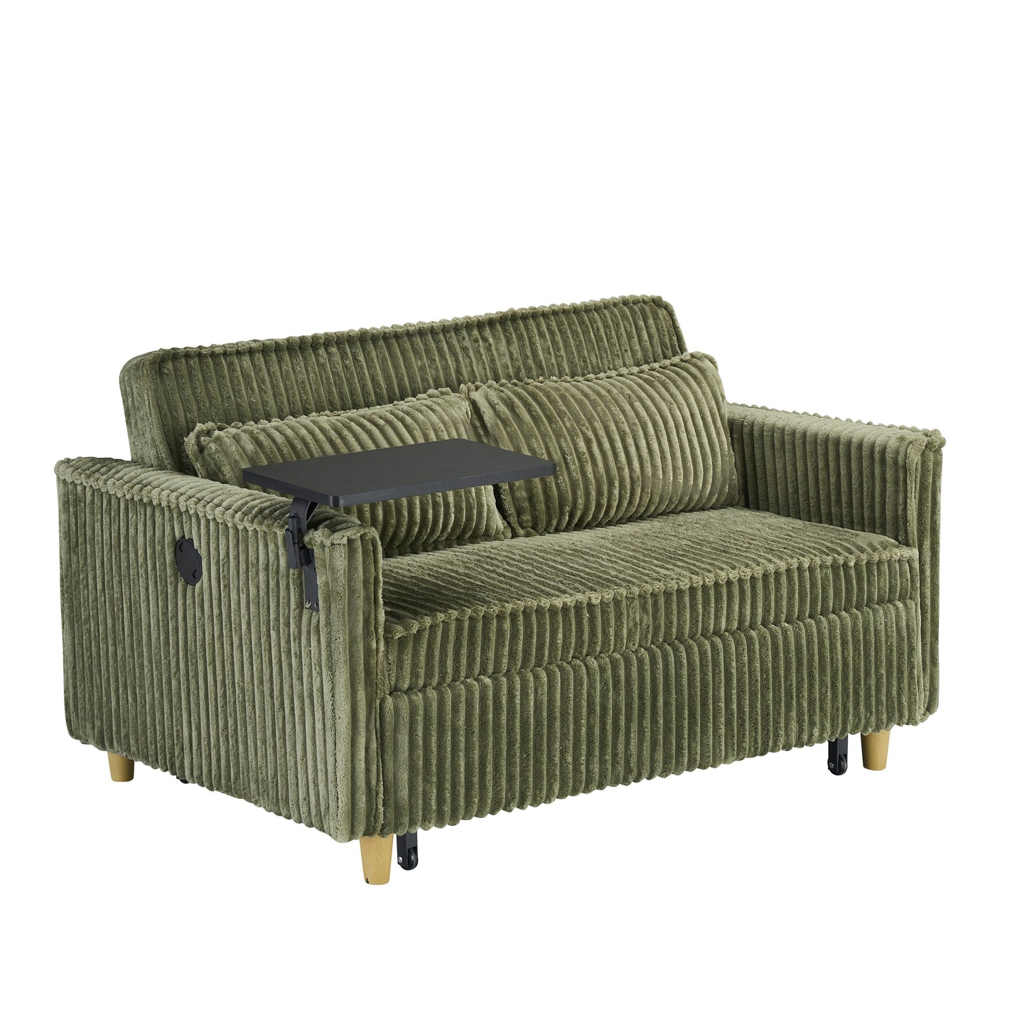 Divano in velluto a coste verde estraibile e removibile con doppia funzione, dotato di piano d'appoggio mobile e porte USB