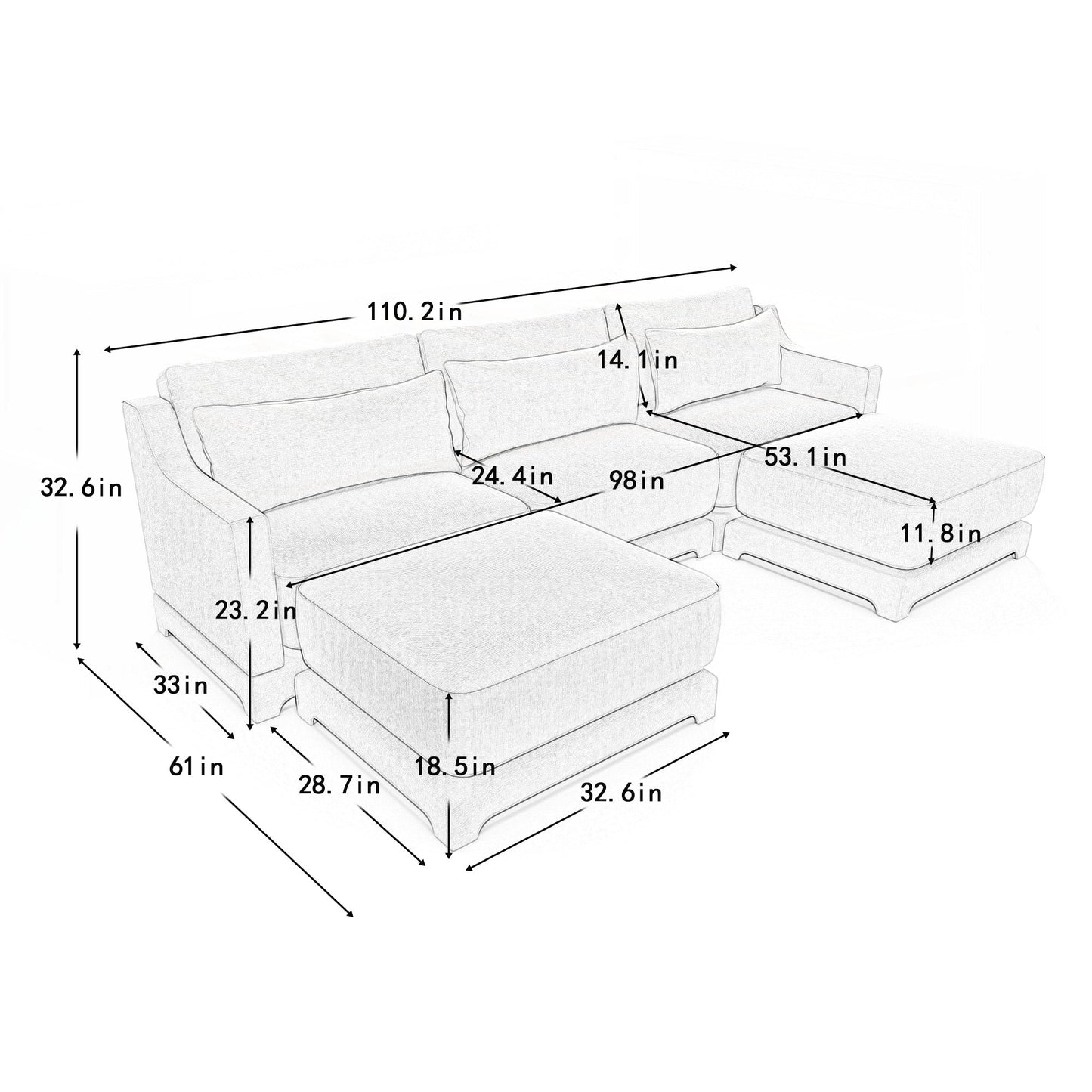 Divano a tre posti con 2 pouf mobili