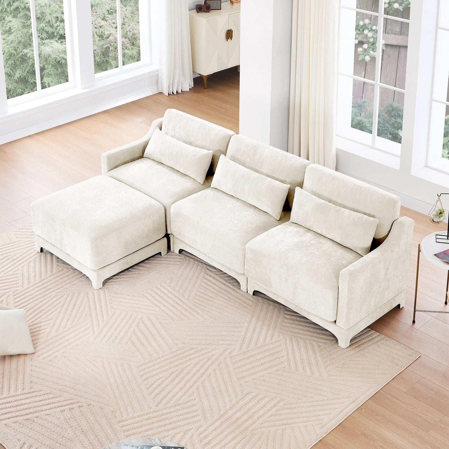 Divano in ciniglia a tre posti, due pouf mobili, base in legno di alta qualità, spugna ad alta resilienza, facile da installare