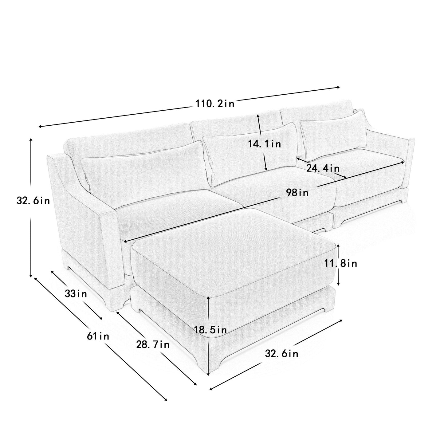 Divano in ciniglia a tre posti, due pouf mobili, base in legno di alta qualità, spugna ad alta resilienza, facile da installare