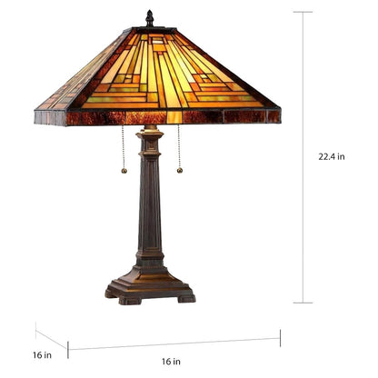 Lampada da tavolo in bronzo antico scuro a 2 luci in stile Tiffany Mission Design