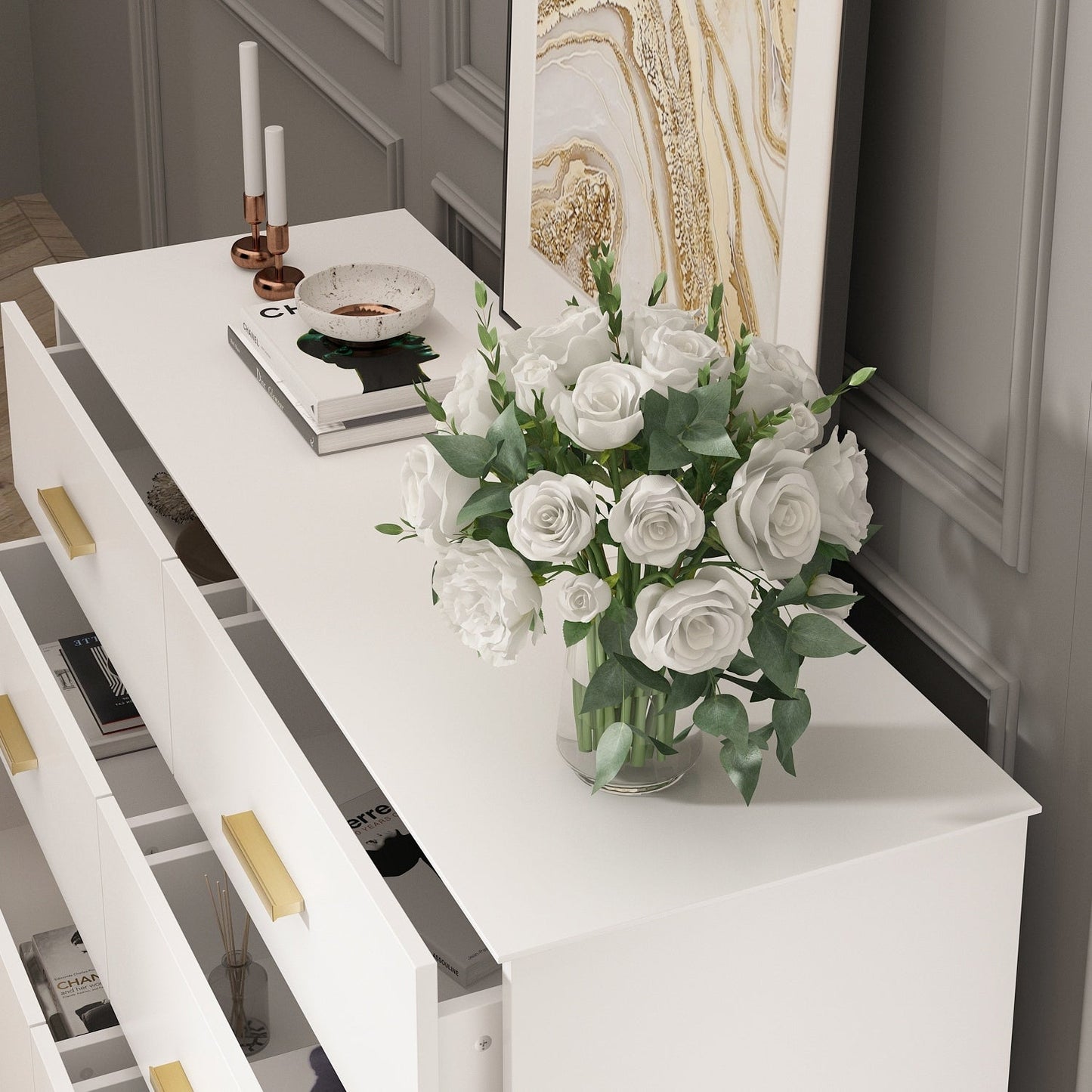 Cassettiera Timechee a 6 cassetti, 47,2'' di larghezza, gambe in legno massello, laccata