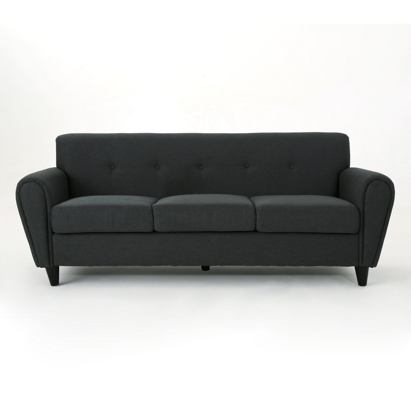 Divano Tiya, schienale imbottito con bottoni, sedute a scatola, rivestimento in tessuto grigio, 79 pollici