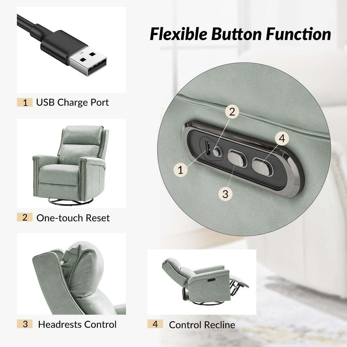 Poltrona reclinabile elettrica tradizionale girevole e a dondolo Tobias di HULALA HOME