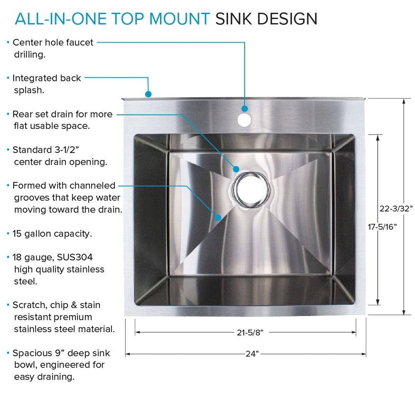 Lavandino e mobiletto per lavanderia in acciaio inossidabile Transolid EWS-2422S 24 pollici L x 22 pollici P x 35 pollici A - 24 pollici x 22 pollici