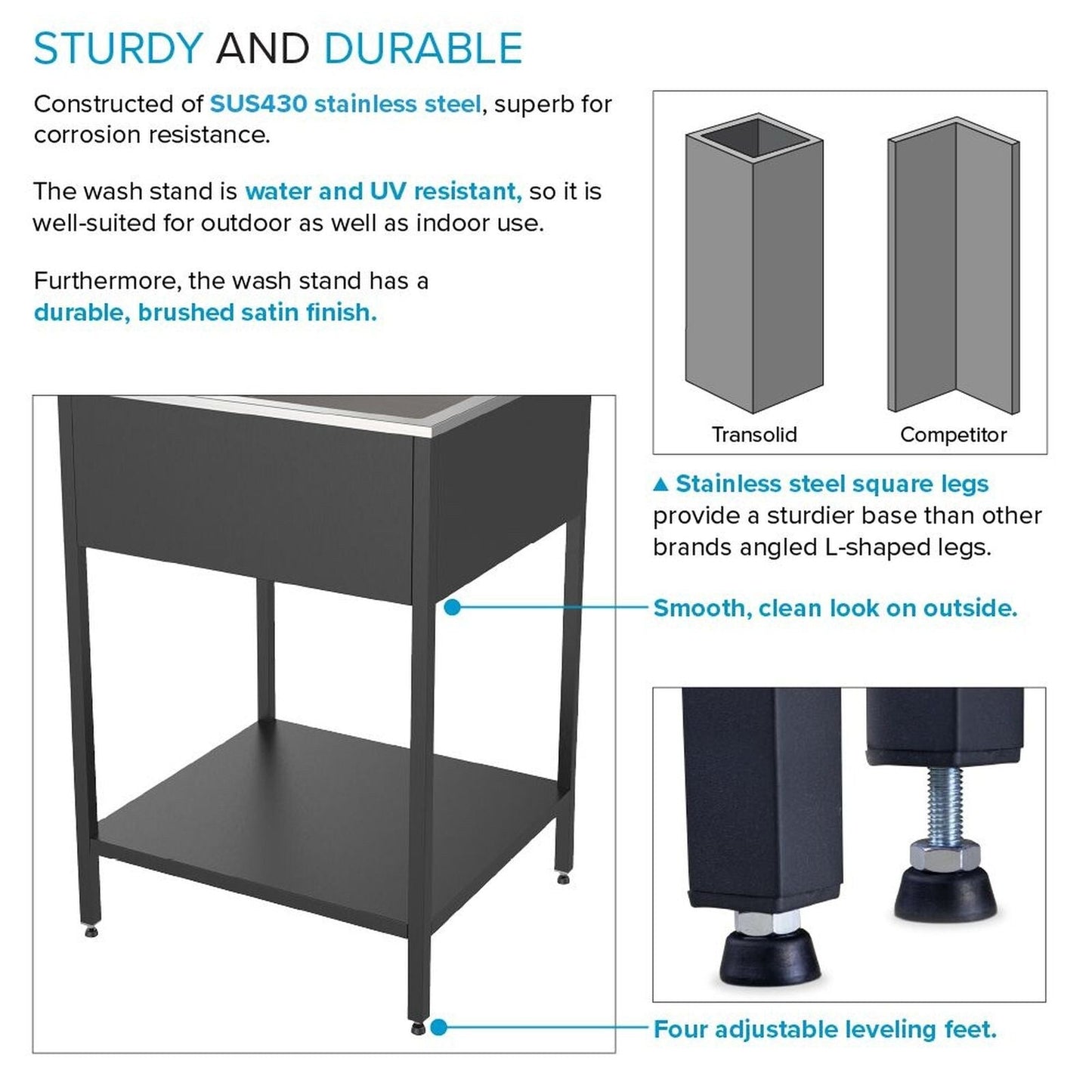 Lavandino e mobiletto per lavanderia in acciaio inossidabile Transolid EWS-2422S 24 pollici L x 22 pollici P x 35 pollici A - 24 pollici x 22 pollici