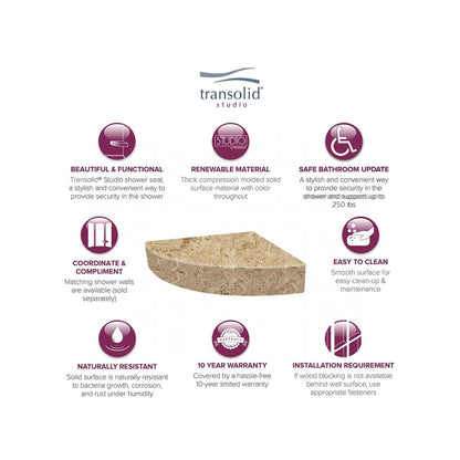 Sedile angolare per doccia Transolid Studio da 14 pollici x 14 pollici in superficie solida, montaggio a parete - 14,5 x 14,25 x 3