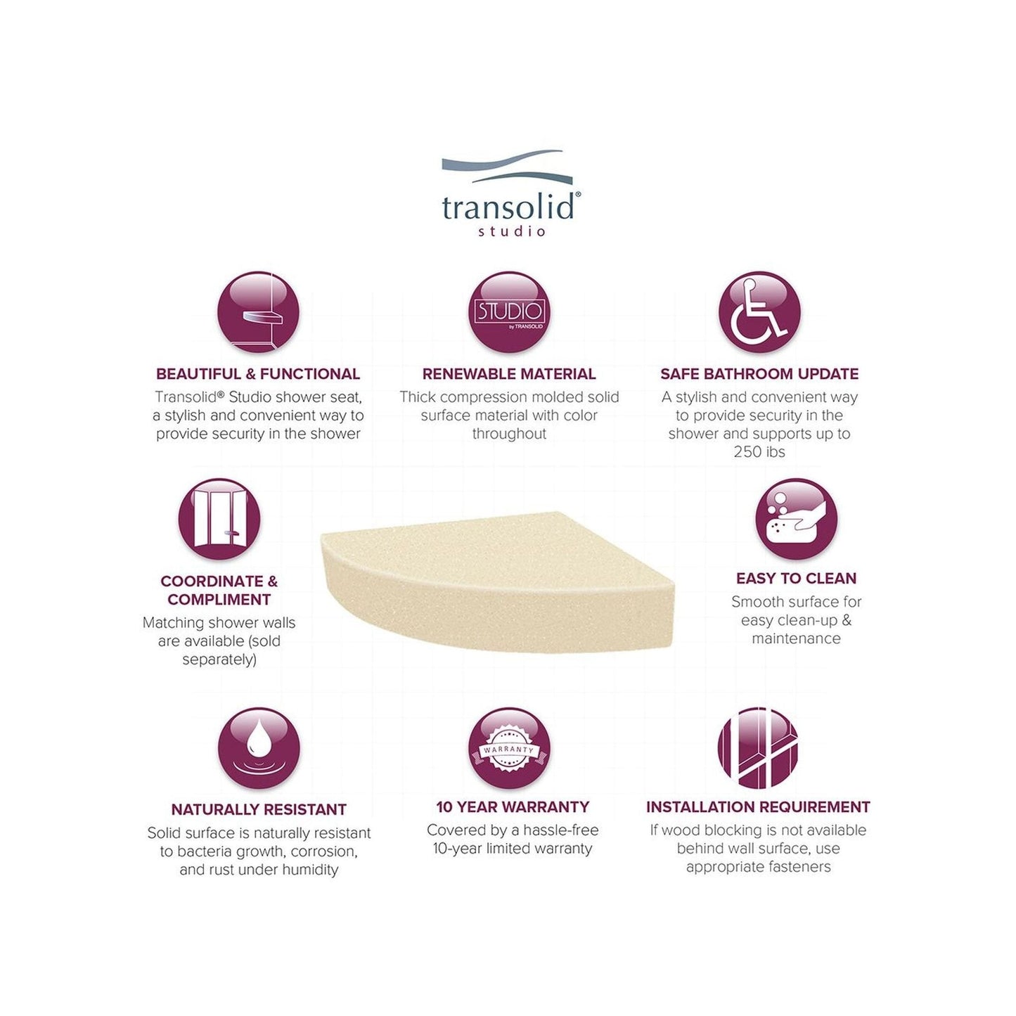 Sedile angolare per doccia Transolid Studio da 14 pollici x 14 pollici in superficie solida, montaggio a parete - 14,5 x 14,25 x 3