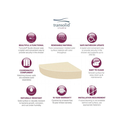 Sedile angolare per doccia Transolid Studio da 14 pollici x 14 pollici in superficie solida, montaggio a parete - 14,5 x 14,25 x 3