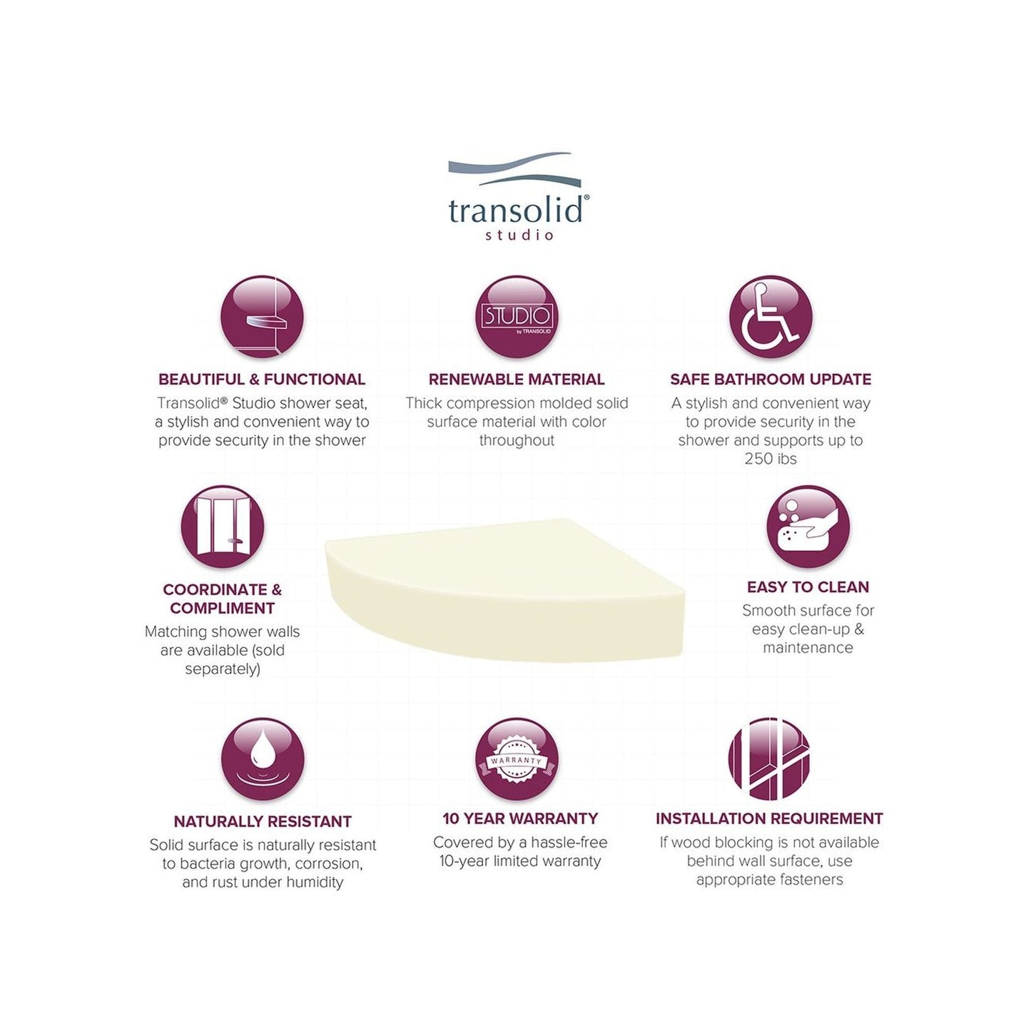 Sedile angolare per doccia Transolid Studio da 14 pollici x 14 pollici in superficie solida, montaggio a parete - 14,5 x 14,25 x 3