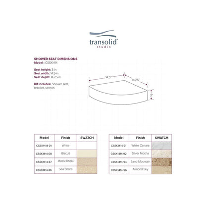 Sedile angolare per doccia Transolid Studio da 14 pollici x 14 pollici in superficie solida, montaggio a parete - 14,5 x 14,25 x 3