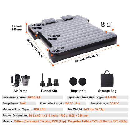 Materasso ad aria per cassone di camion, per cassoni di camion corti da 5,5-5,8 piedi, materasso ad aria gonfiabile da campeggio con pompa ad aria da 12 V
