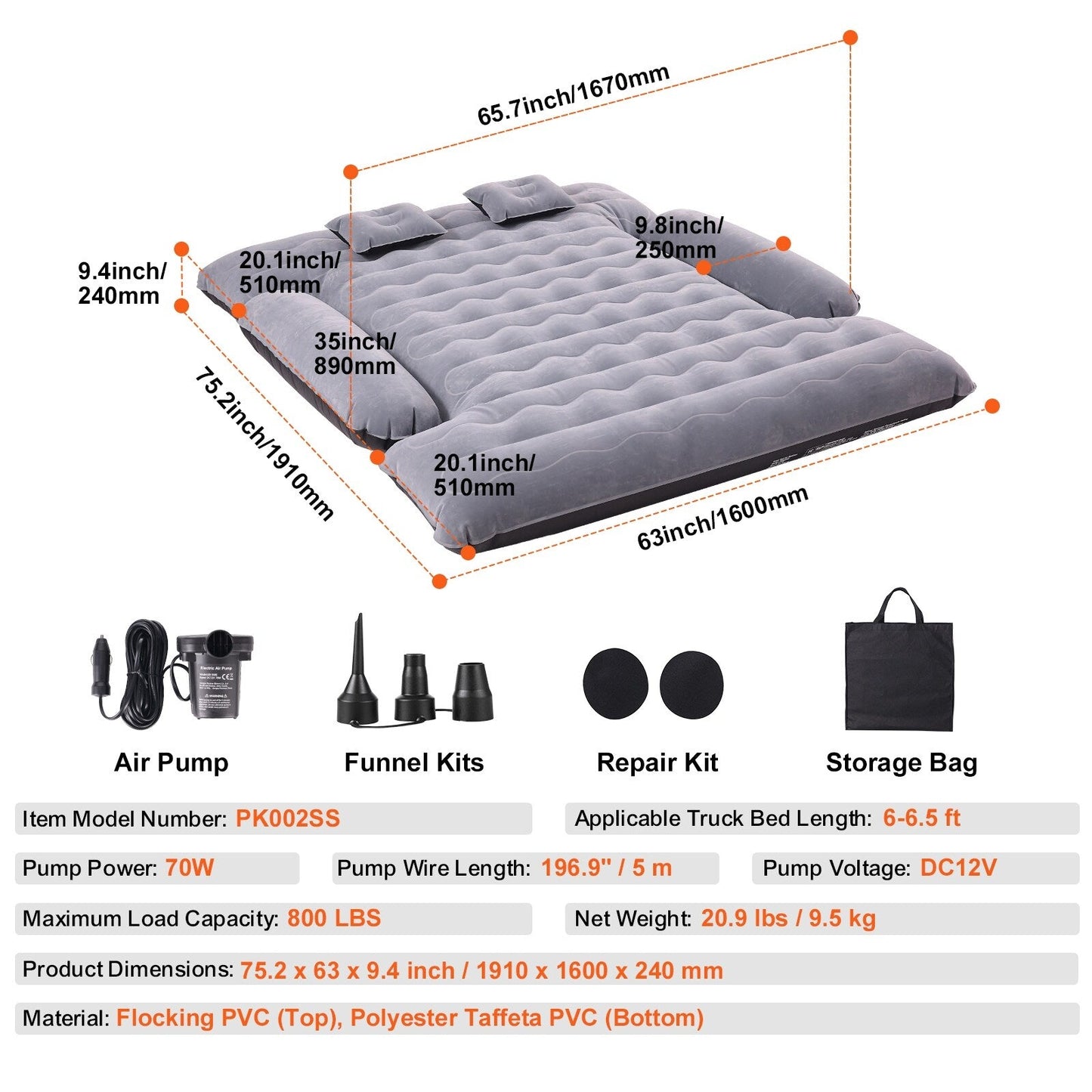 Materasso ad aria per cassone di camion, per cassoni di camion full size da 6-6,5 piedi, materasso ad aria gonfiabile da campeggio con pompa ad aria da 12 V e 2 cuscini