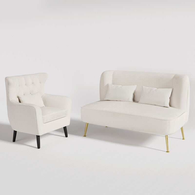 Divano a due posti in metallo con cuscino spesso in velluto Tuft