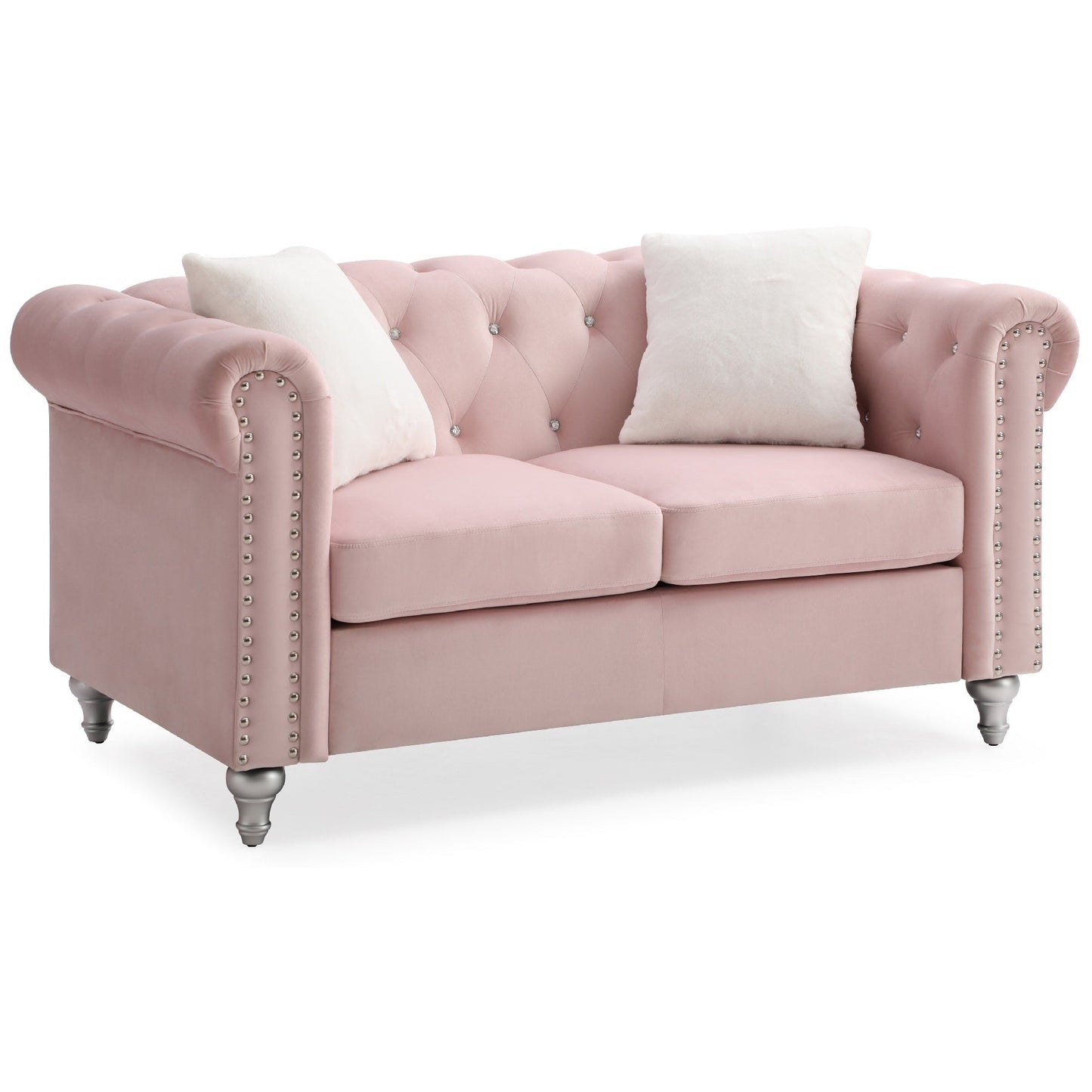 Divano a 2 posti in velluto finto gioiello trapuntato con cuscini decorativi - 60 - Rosa