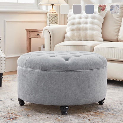 Pouf contenitore rotondo grande trapuntato con poggiapiedi beige/grigio/blu