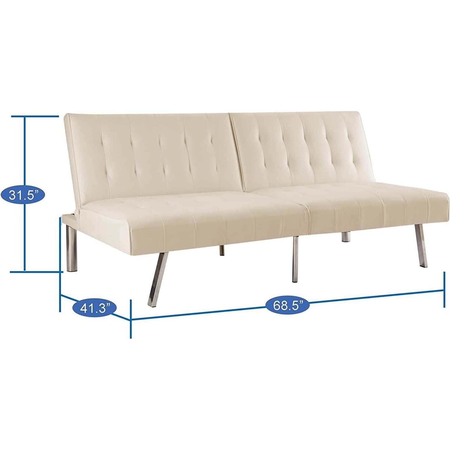 Divano letto futon imbottito in stile moderno di metà secolo con schienale diviso e gambe cromate