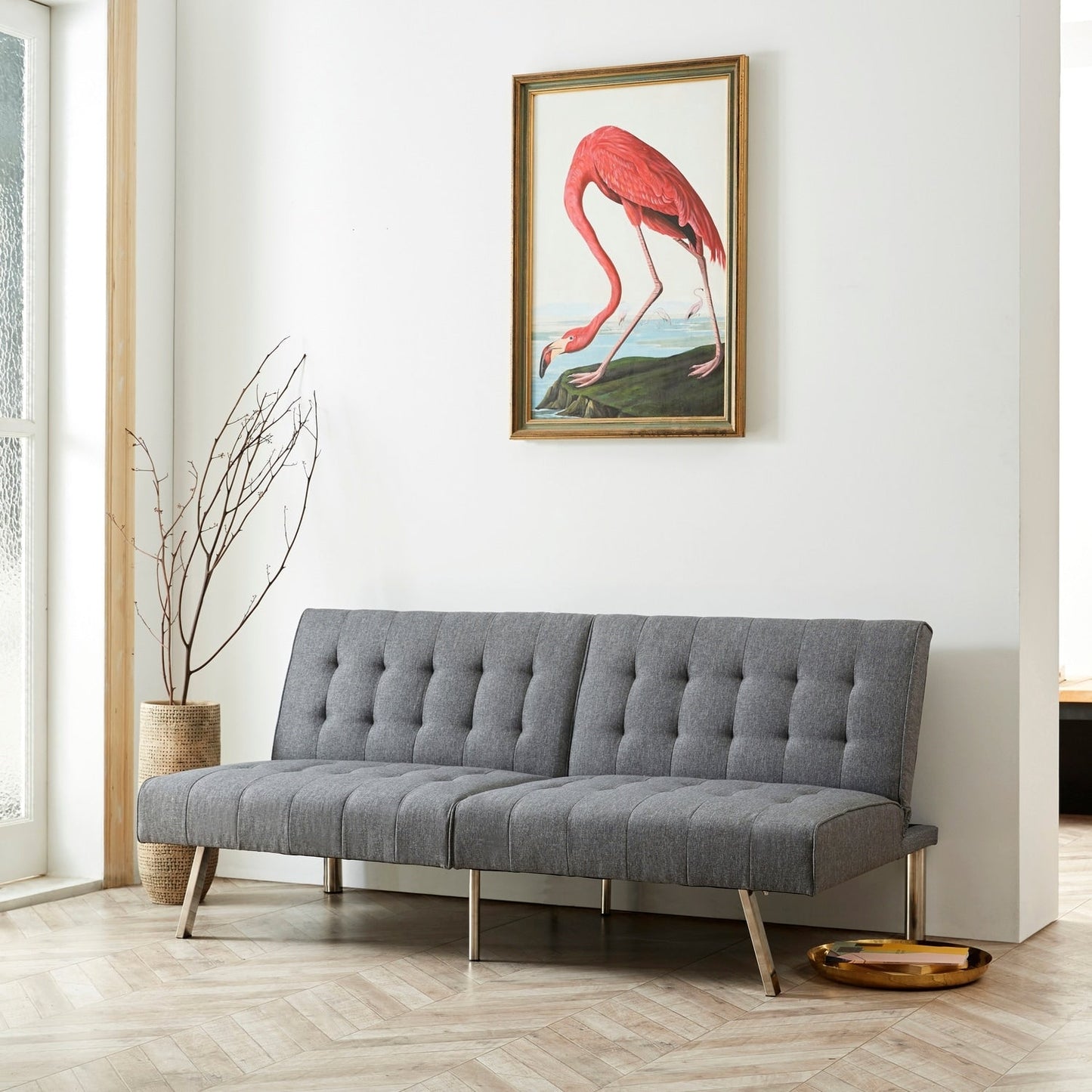 Divano letto futon imbottito in stile moderno di metà secolo con schienale diviso e gambe cromate