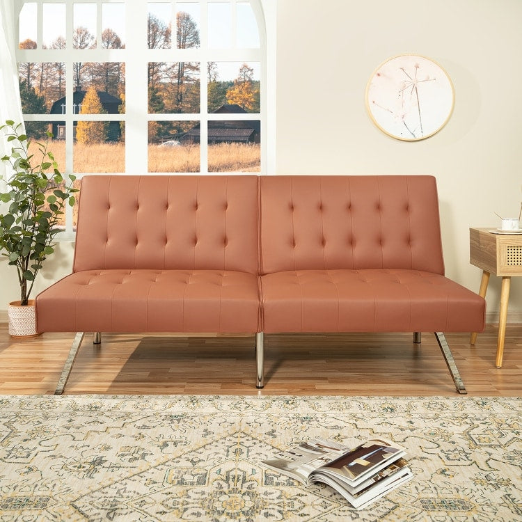 Divano letto futon imbottito in stile moderno di metà secolo con schienale diviso e gambe cromate