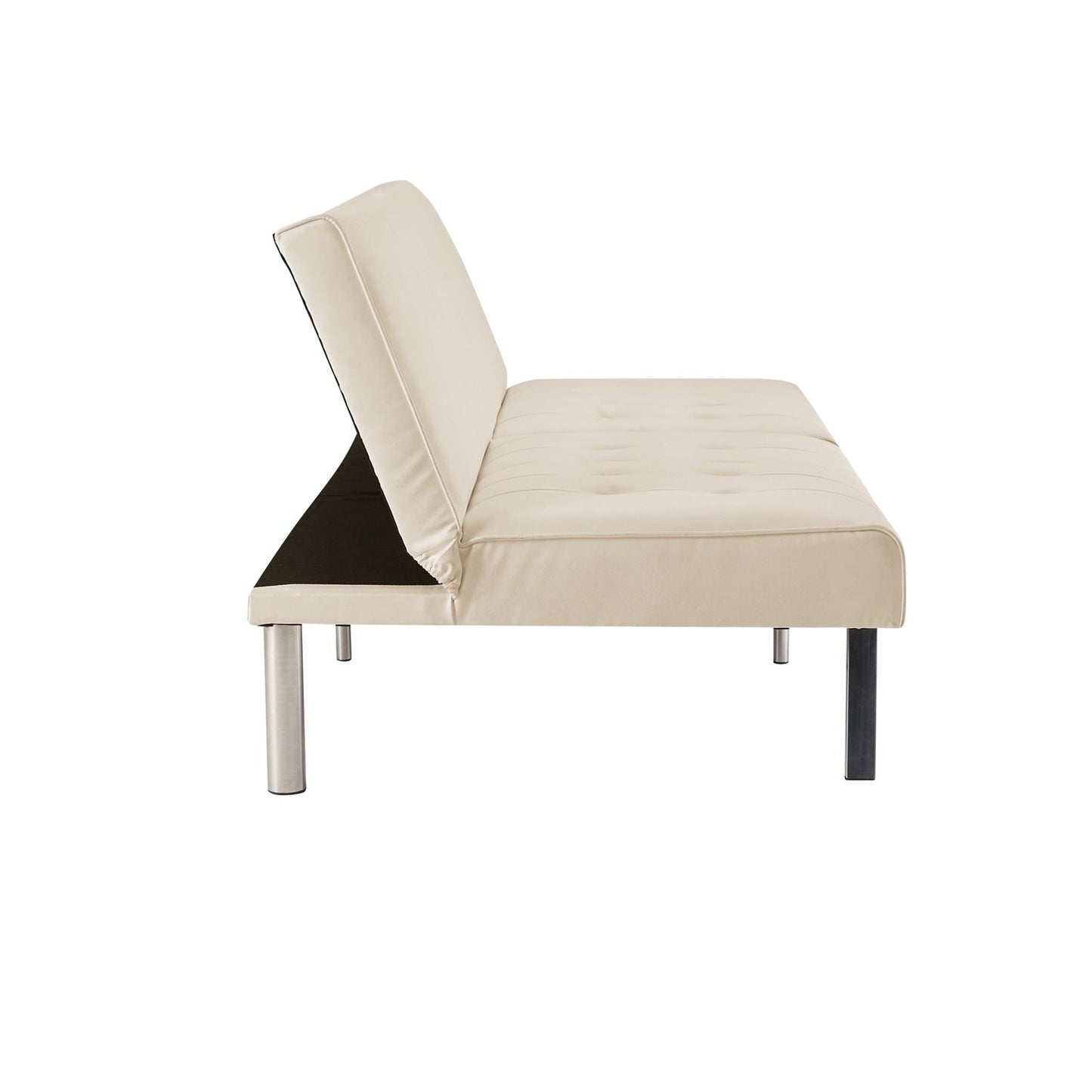 Divano letto futon imbottito in stile moderno di metà secolo con schienale diviso e gambe cromate