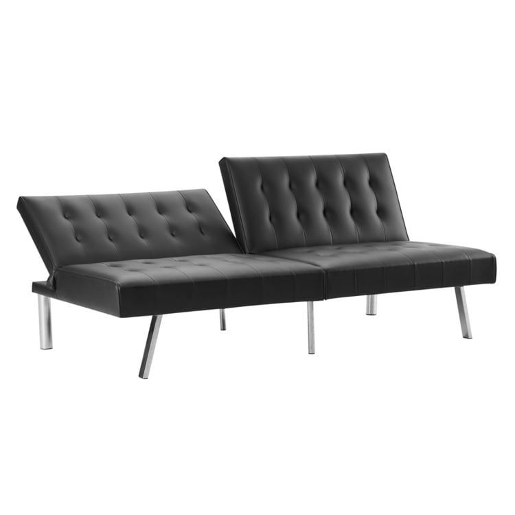 Divano letto futon imbottito in stile moderno di metà secolo con schienale diviso e gambe cromate