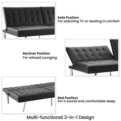 Divano letto futon imbottito in stile moderno di metà secolo con schienale diviso e gambe cromate