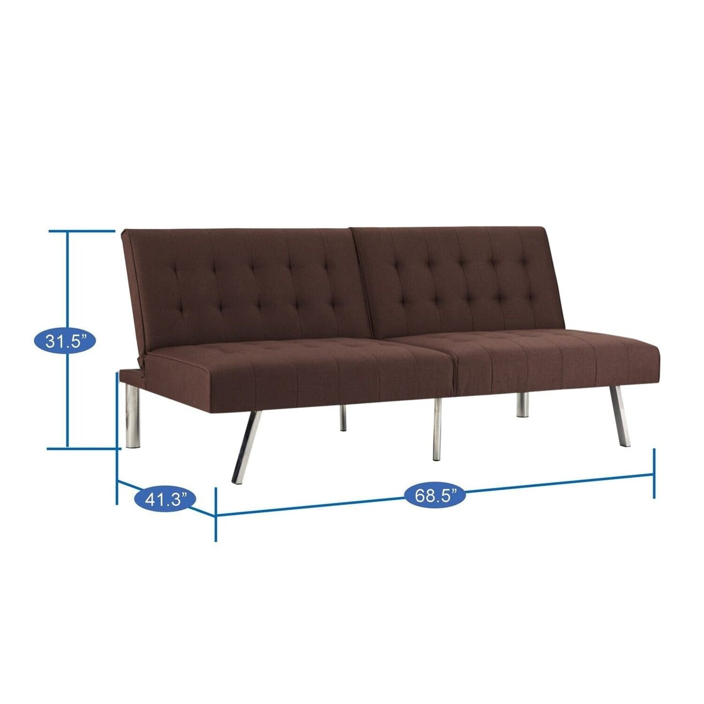 Divano letto futon imbottito in stile moderno di metà secolo con schienale diviso e gambe cromate