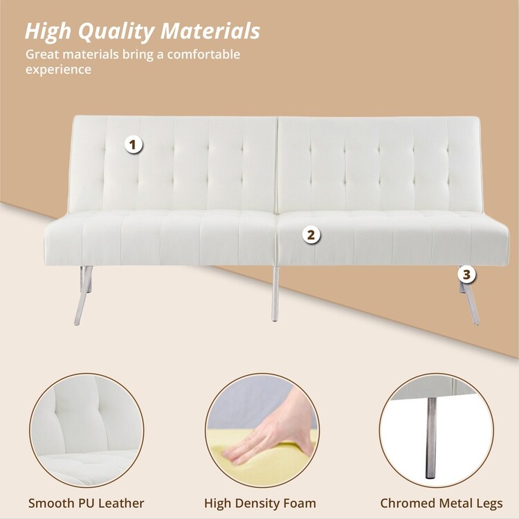 Divano letto futon imbottito in stile moderno di metà secolo con schienale diviso e gambe cromate