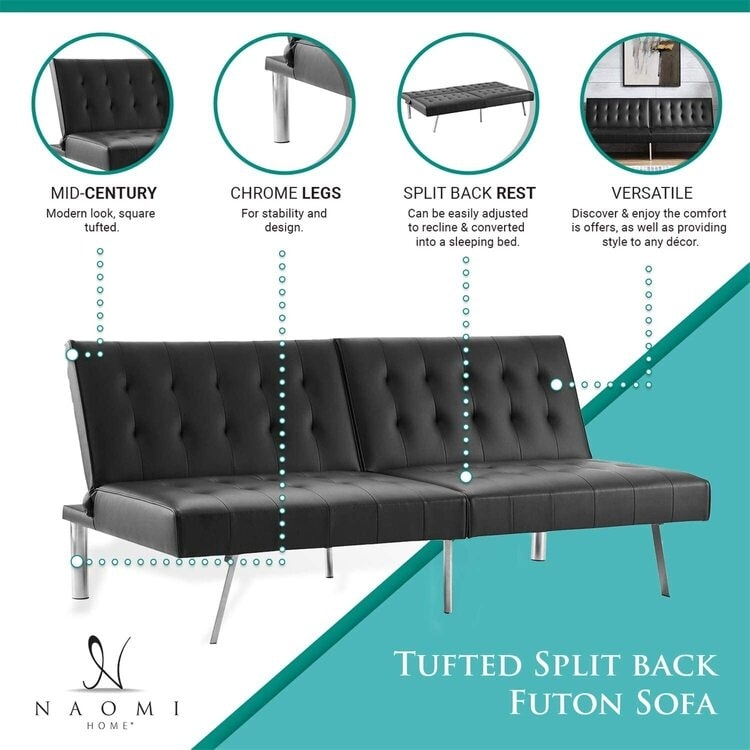 Divano letto futon imbottito in stile moderno di metà secolo con schienale diviso e gambe cromate