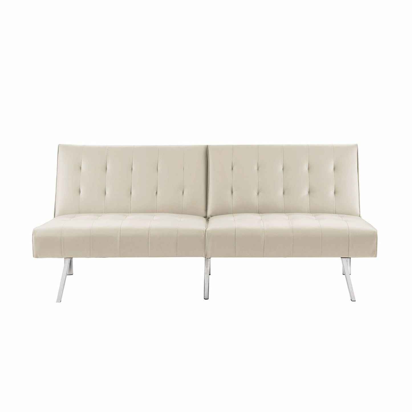 Divano letto futon imbottito in stile moderno di metà secolo con schienale diviso e gambe cromate