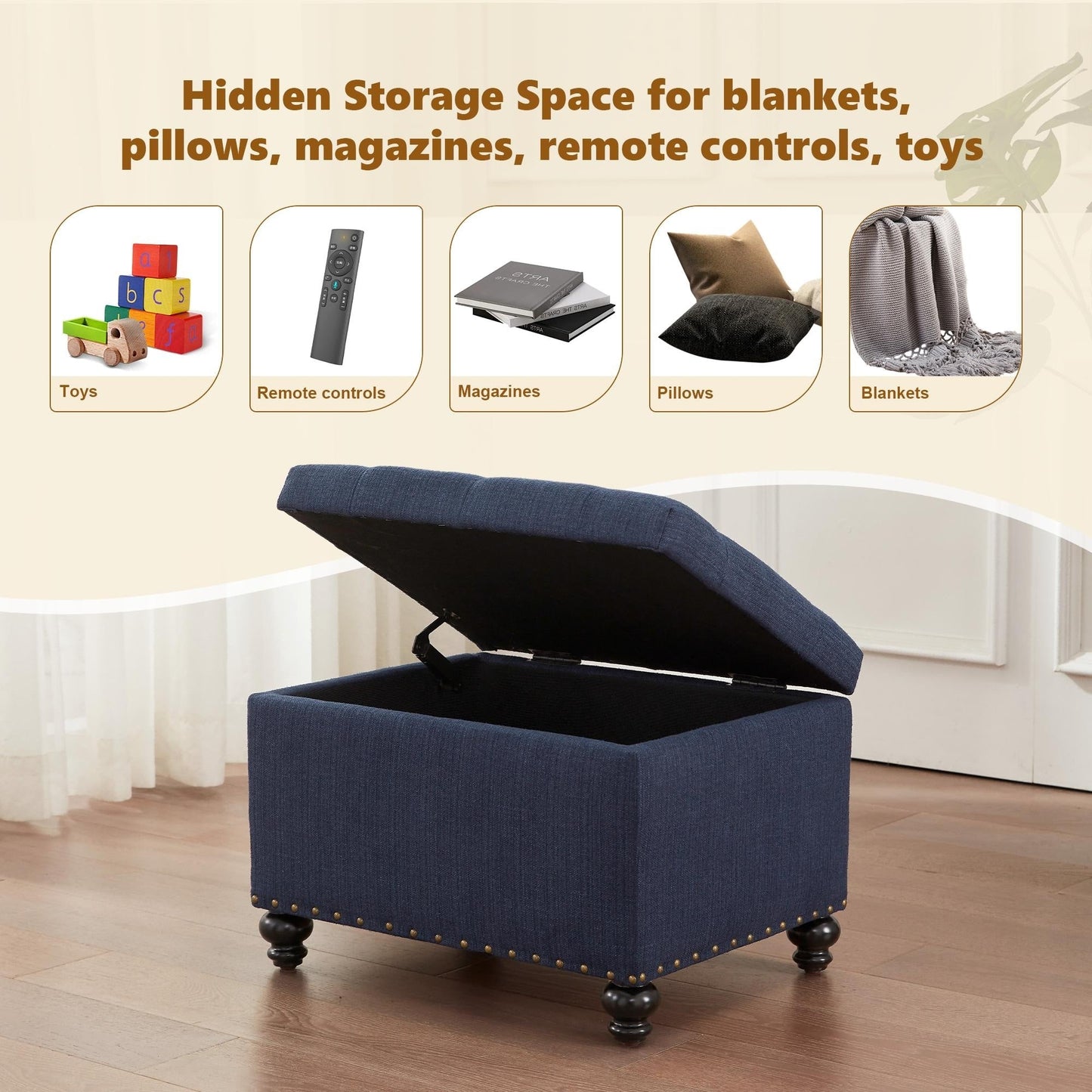 Panca contenitore imbottita, poggiapiedi rettangolare