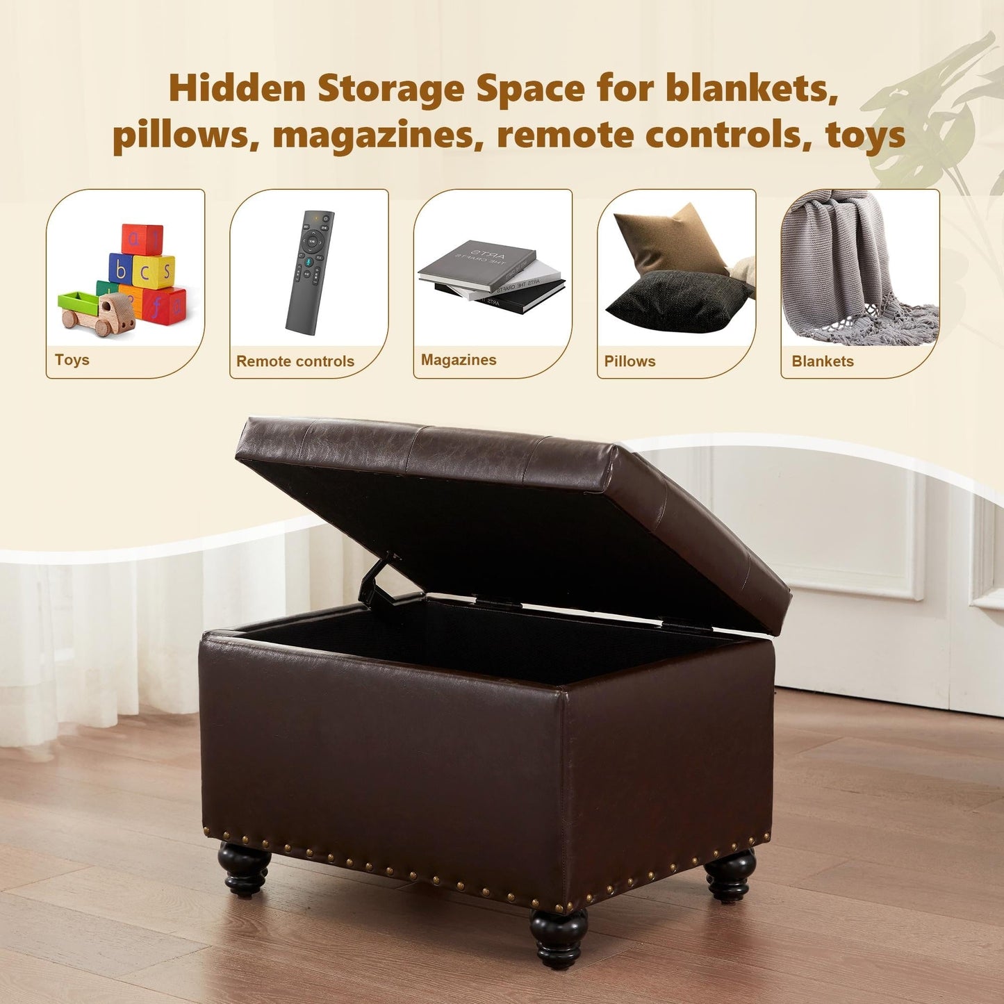 Panca contenitore imbottita, poggiapiedi rettangolare