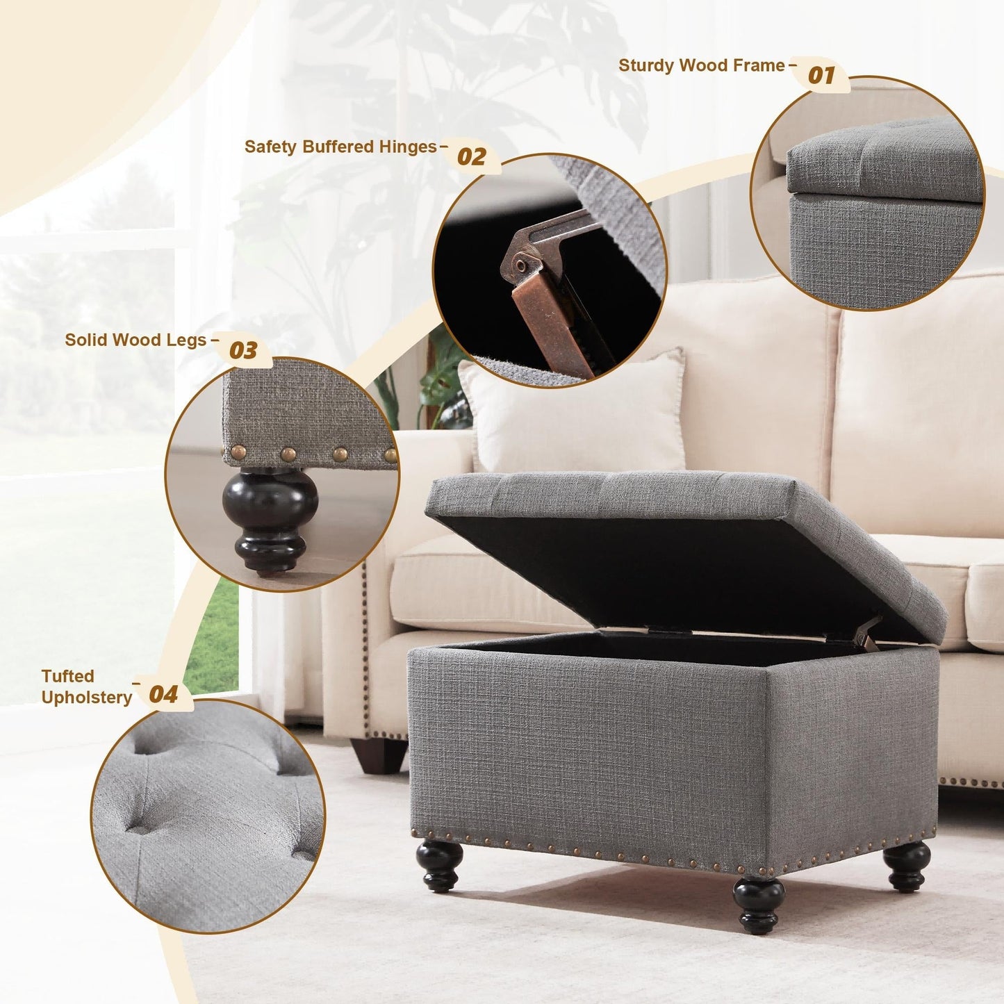 Panca contenitore imbottita, poggiapiedi rettangolare