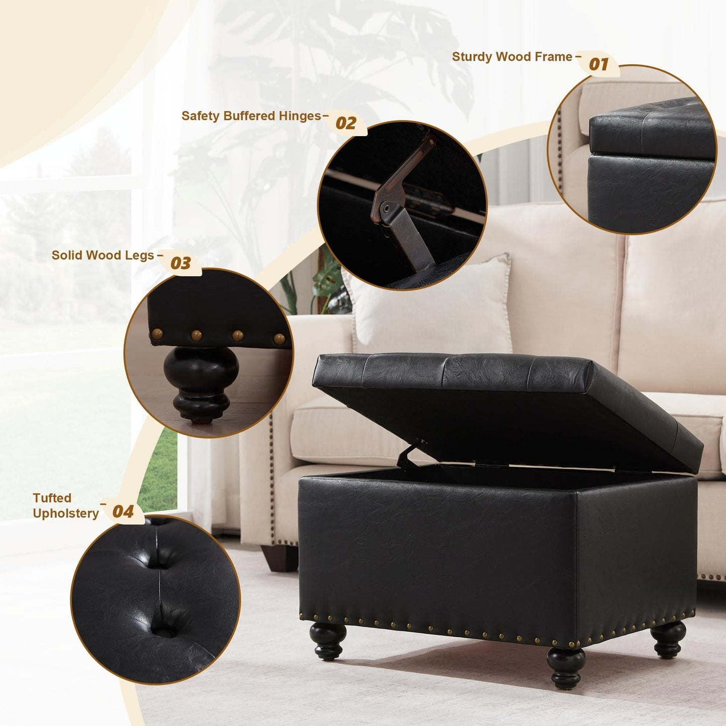 Panca contenitore imbottita, poggiapiedi rettangolare